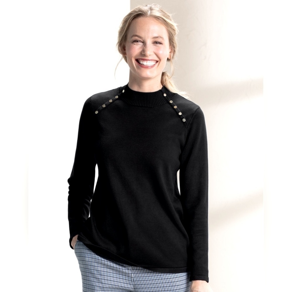 Appleseeds Womens Black Sweater Plus 1X Mock Neck Gold Button Trim Pullover Fall